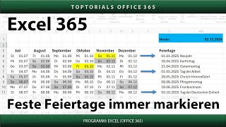 Feste Feiertage im Kalender jedes Jahr farbig markieren  Excel 365 Tutorial [upl. by Aiynot]