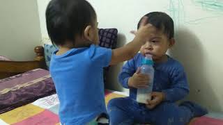 Twin baby boys fighting for milk bottle [upl. by Newton]