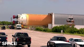 NASAs Artemis 2 moon rocket core stage arrives in Florida See a timelapse [upl. by Odnumyer]