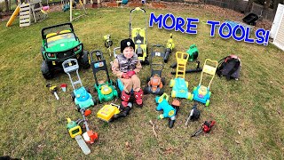 Power gardening tools for kids  Chain Saw Weed Trimmer Leaf Blower  Winter CleanUp Chickens [upl. by Mik]