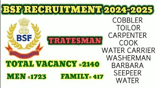 BSF RECRUITMENT 20242025 TRATESMAN NEW VACANCY [upl. by Christine199]