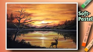 How To Draw Sunset  Deer Scenery Drawing Easy Soft Pastel Drawing Sunset [upl. by Aisemaj]