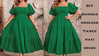 EASY SHIRREDSMOCKED TIERED MAXI DRESS How To Make An Off shoulder Tiered Smocked Dress [upl. by Nyvek]