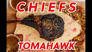 Kansas City Chiefs Tomahawk Steak Slow Smoked and Reverse Seared  Black and Red Seasoned [upl. by Nylesaj]