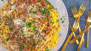 How To Make Bolognese Sauce with Tagliatelle From Rachael Ray 50 [upl. by Namurt229]