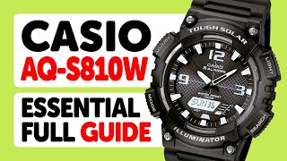 Casio AQS810W 5208  How to Set the Time Date Timers Alarm Stopwatch and World Time [upl. by Atinal]