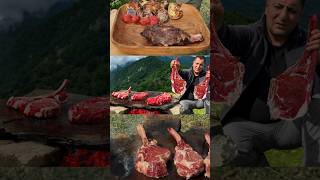 Roasting Juicy Beef Steaks on Hot Stones Outdoors Cooking Alone in the Mountains beefsteakrecipe [upl. by Eicnahc]