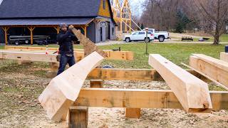 Cutting A Curve In a Giant Timber  Collar Tie Timber Frame House Ep 10 [upl. by Nosydam624]