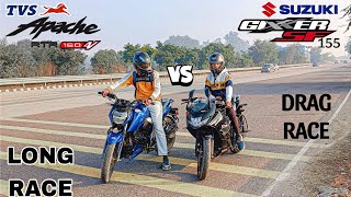 TVS Apache 160 4v VS Suzuki Gixxer sf 155 DRAG RACE  top end battle [upl. by Hamilton919]