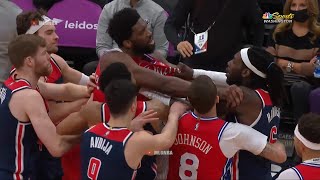 Joel Embiid did not like that foul by Harrell and the two just got in a minor scuffle [upl. by Ysteb]