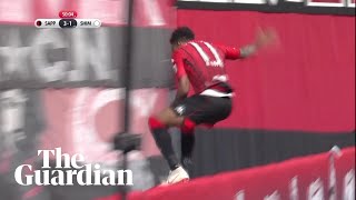 Goal celebration goes wrong as JLeague striker misjudges drop behind advertising board [upl. by Maribelle402]