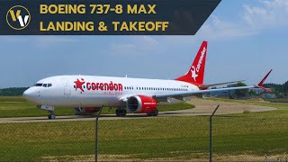 Corendon Boeing 7378 MAX TCMKF landing amp takeoff at Friedrichshafen Airport [upl. by Sitnik]