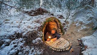 Building a Warm and Cozy Dugout for Survival Log Shelter Secret cave Winter Bushcraft [upl. by Garrot]