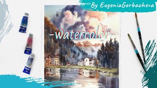 Watercolor Painting Time Lapse  Alpine village  Акварельная картина [upl. by Gypsy]