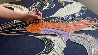 How to paint Banana leaves with texture paste and gold leaf  Textured Art  Gold Leaf Painting [upl. by Ahselak]