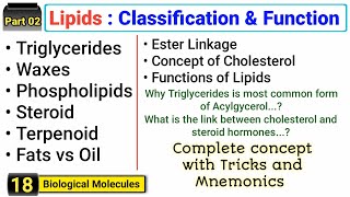 Classification of Lipids  Acylglycerol Waxes Phospholipids Steroids and Terpenoid  Functions [upl. by Alilahk]