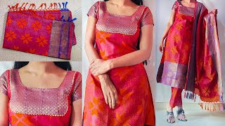 Convert Saree into Kurta Set  kurtisuitkameez cutting amp stitching for beginners  kurti stitching [upl. by Aelsel784]