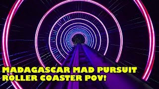 Madagascar Mad Pursuit Roller Coaster Front Seat POV Low Light Motiongate Dubai rollercoaster [upl. by Ahsoym]