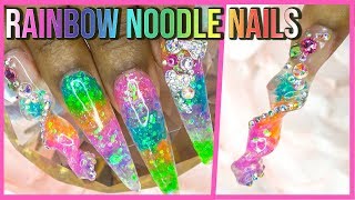 Acrylic Nails Tutorial  How To Noodle Nails  Encapsulated Rainbow Glitter Nails with Nail Forms [upl. by Amhsirak743]