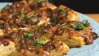 CARAMELIZED ONION AND MUSHROOM PUFF PASTRY BITES  BEST HOLIDAY APPETIZER [upl. by Asaeret]