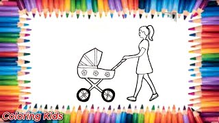 Draw and color Mama and her baby with the stroller✏️👧🏼👦Drawing for childrenColoringKids1 [upl. by Ahsenev461]