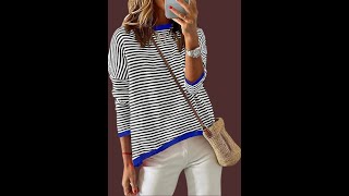 ZESICA Womens 2024 Fall Striped Sweaters Long Sleeve Crew Neck Shirts Color Block Lightweight Pullov [upl. by Brigham623]