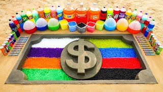 How to make US Dollar Logo with Cement amp Orbeez Rainbow Mixing Coca Cola Fanta Mirinda vs Mentos [upl. by Riffle]