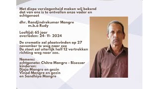 LIVESTREAMINGUitvaartdienst en Crematie van Ranjindrakumar Mangre mba Rudy [upl. by Fem]