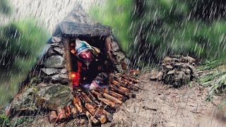 5 days surviving extreme rain Building two survival shelters Bushcraft Camping in the rain [upl. by Mcafee]