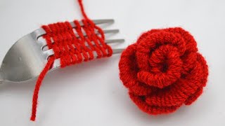 Woolen Rose making trick with fork  No crochet yarn flowers  DIY woolen flower  Embroidery hack [upl. by Guss]