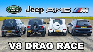 Defender V8 v Jeep 392 v AMG G63 v X7 M50 DRAG RACE [upl. by Keil]