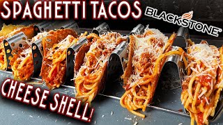 UNBELIEVABLE SPAGHETTI TACOS MADE ON THE BLACKSTONE GRIDDLE with CHEESE SHELL EASY FLAT TOP RECIPE [upl. by Dlarej]