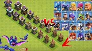 100 Housing space troops vs every level Archer tower base formation clashofclans [upl. by Candida]