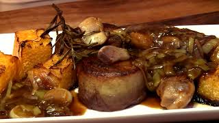 Pork Steak Carmelised Gravy Garlic Fondant Potatoes and Roast Pumpkin Oh My [upl. by Enogitna]