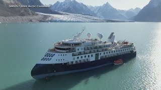 Stranded luxury cruise ship MV Ocean Explorer pulled free at high tide in Greenland [upl. by Bocaj]