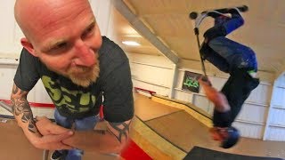 SCOOTER DAD BACKFLIPS AT INDOOR SKATEPARK  Rewind Skatepark Walkthrough [upl. by Yreffoeg]