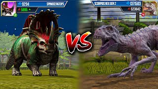 SCORPIOS REX GEN 2 vs SPINOCERATOPS LEVEL 999  Jurassic World The Game [upl. by Ahtabat]