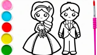 Cute Bride amp Groom Drawing Painting Colouring for kids Toddlers  How to draw Bride Groom easy [upl. by Wadlinger180]