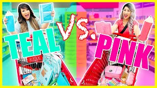 BACK TO SCHOOL SUPPLIES SHOPPING CHALLENGE PINK VS TEAL [upl. by Atimed]