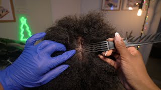 ASMR  Relaxing Scalp Treatment on Dry Afro Hair  🔎 Tingly Scalp Check Scratching  Trim [upl. by Anileda]