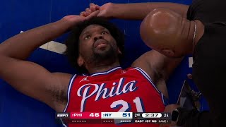 Joel Embiid shaken up after dunk vs Knicks  NBA on ESPN [upl. by Fancy]