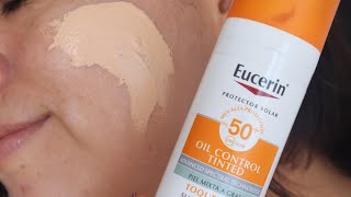 Así es Eucerin Oil Control Con Color Protector Solar  Reseña Tono Claro [upl. by Werbel367]