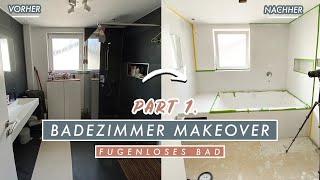 Badezimmer Room Makeover  alte Fliesen spachteln  Umbau mit Beton Design Optik im Bad  EASY ALEX [upl. by Eita]