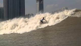 Surfing the Silver Dragon Tidal Bore Qiatang River China 2011 [upl. by Blanding]