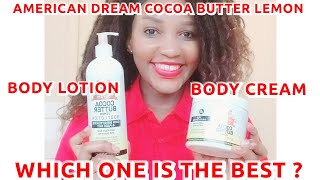 AMERICAN DREAM COCOA BUTTER LEMON BODY LOTION VS CREAM  LOTION NZURI YA KUONDOA MAKOVU NA MICHIRIZI [upl. by Junette]