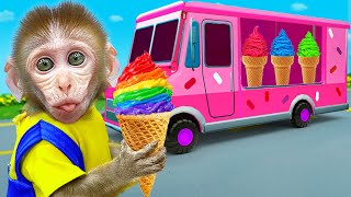 KiKi Monkey eats sweet Colorful Ice Cream from Truck  KUDO ANIMAL KIKI [upl. by Arreyt]