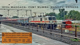 10104 Madgaon  CSMT Mumbai Mandovi Express departure in rain  Food Queen of KR [upl. by Ajad]