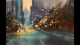 Watercolor painting cityscape at night [upl. by Ravi]