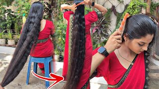 Hair oiling  hair combing  calf length [upl. by Eannej]