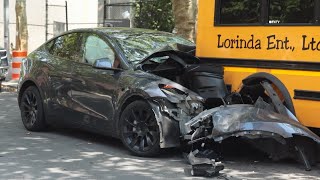 Car Collides Into Parked School Busses in Rego Park  QUEENS [upl. by Lleryt913]